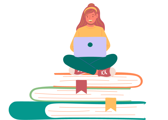 girl with laptop on top of the books